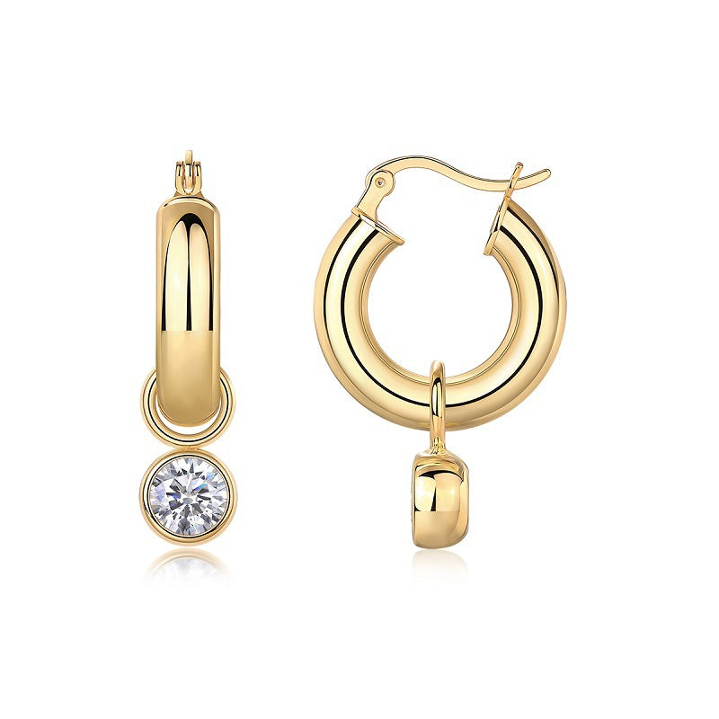Gold moissanite studs on neutral background. Alt: “One-Carat Moissanite Stud Earrings – 18K Gold Plated.”