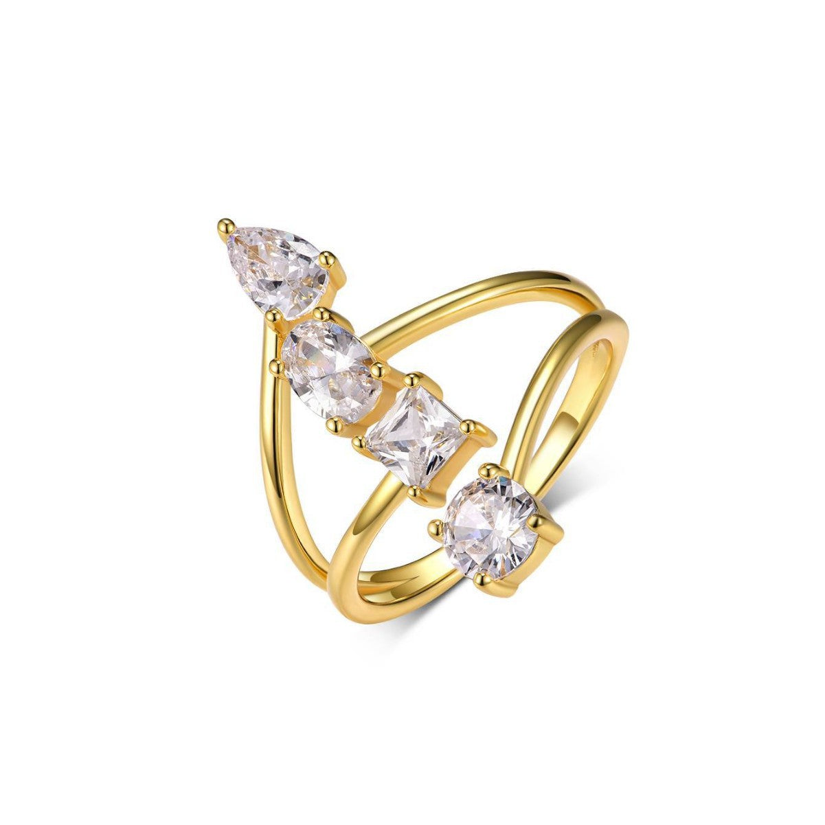 Yellow gold open-cut ring on neutral background, showing split shank design. Alt: “Open-Cut Moissanite Engagement Ring – 18K Yellow Gold Split Shank.”