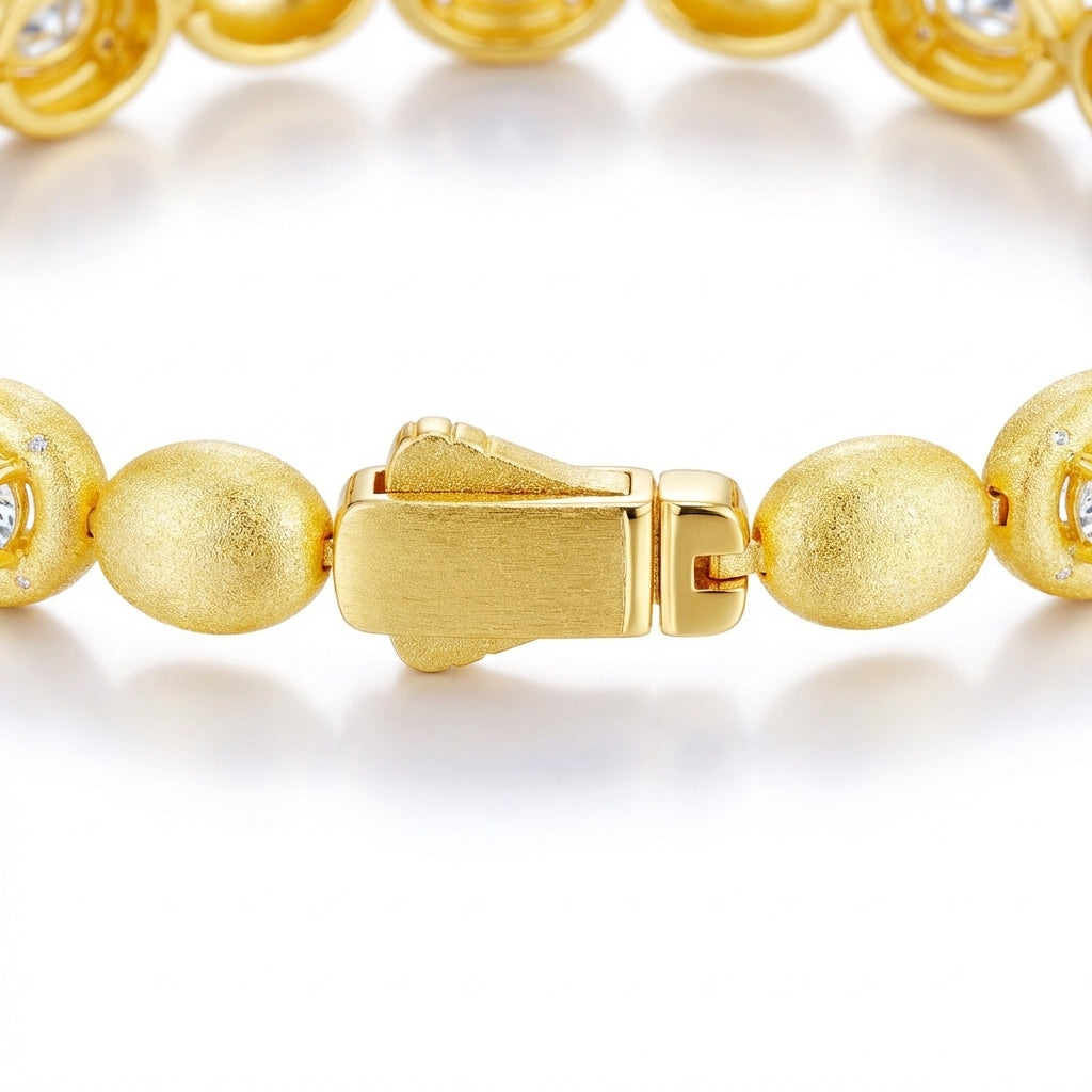 Full bracelet in horizontal layout, slightly curved, white background, even stones, minimal luxury style.