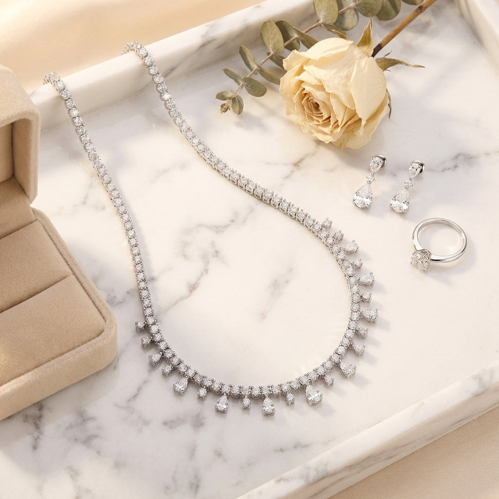 Diamond necklace, earrings, and ring on a marble surface with a rose.