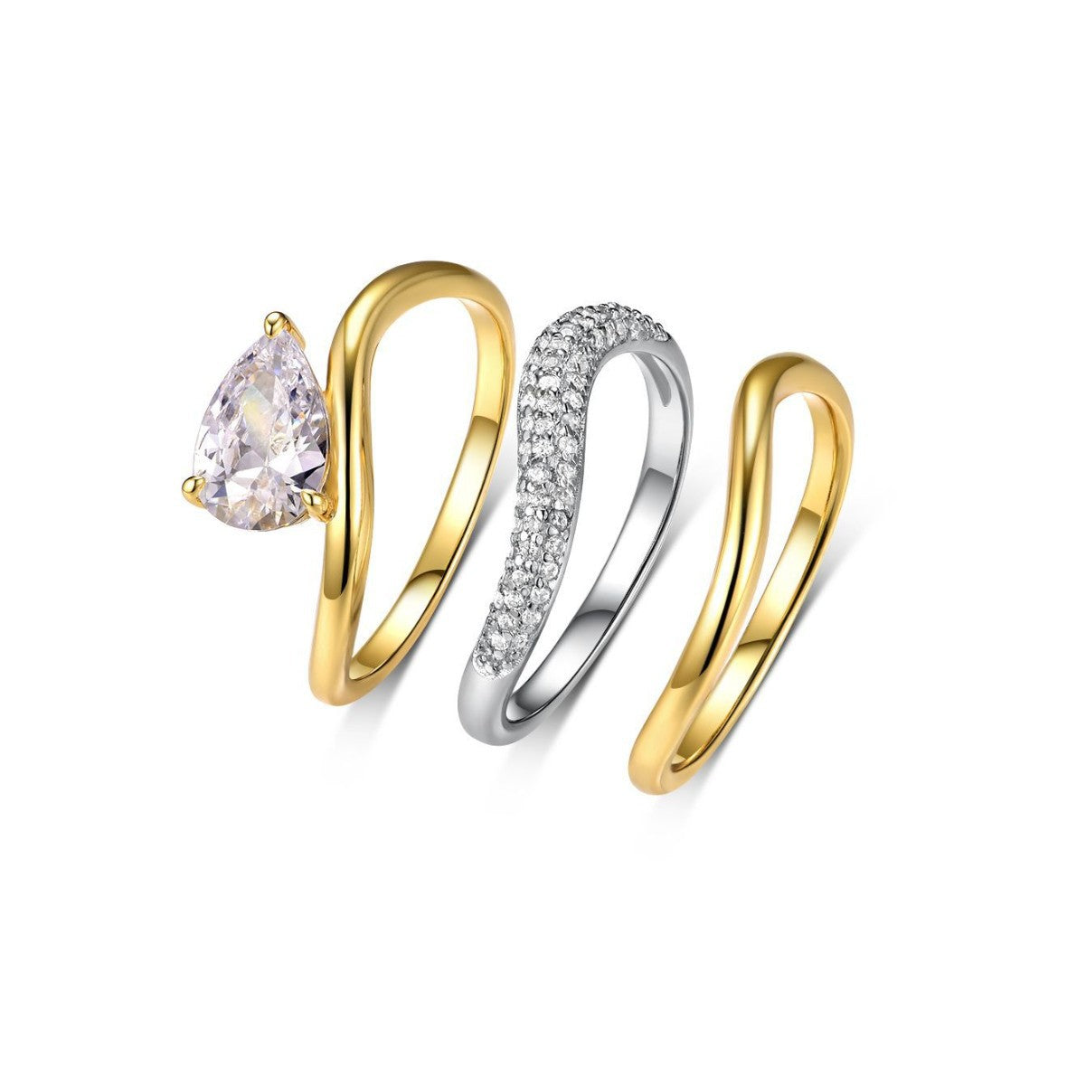 Yellow gold pear bridal set on neutral/romantic background. Alt: “Pear Moissanite Engagement Ring Set – 18K Yellow Gold.”