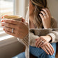 Collage of a person holding a mug, wearing a ring, and sitting with a ring on their hand.