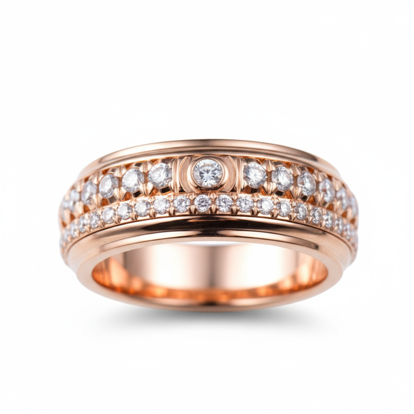Piaget Possession “Fortune Flow” Spinning Ring | 925 Sterling Silver Paved Zircon Rose gold ring with diamond accents on a white background