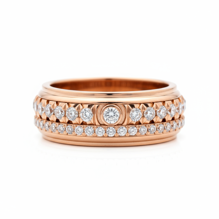 Piaget Possession “Fortune Flow” Spinning Ring | 925 Sterling Silver Paved Zircon Rose gold ring with diamond accents on a white background