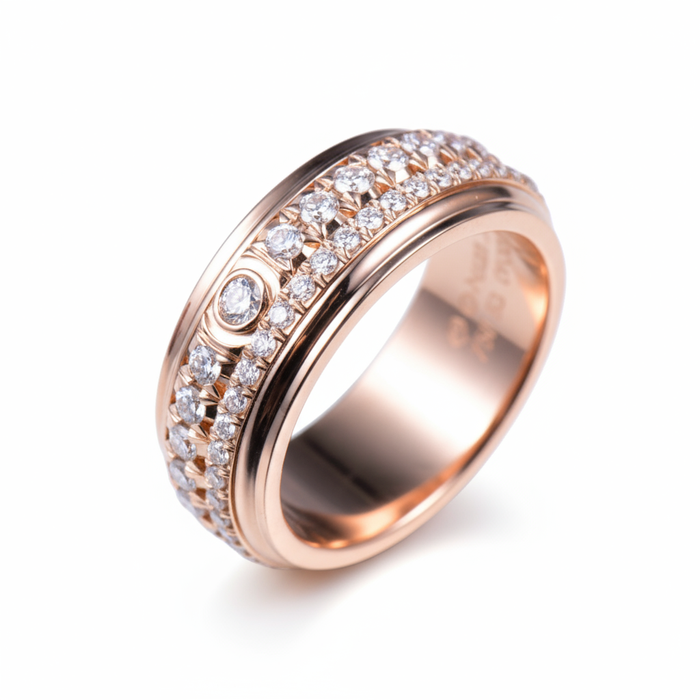 Piaget Possession “Fortune Flow” Spinning Ring | 925 Sterling Silver Paved Zircon Rose gold ring with diamond accents on a white background