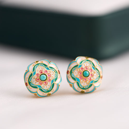 “Pine Blossom Enamel Stud Earrings – Oriental handcrafted design in sterling silver”