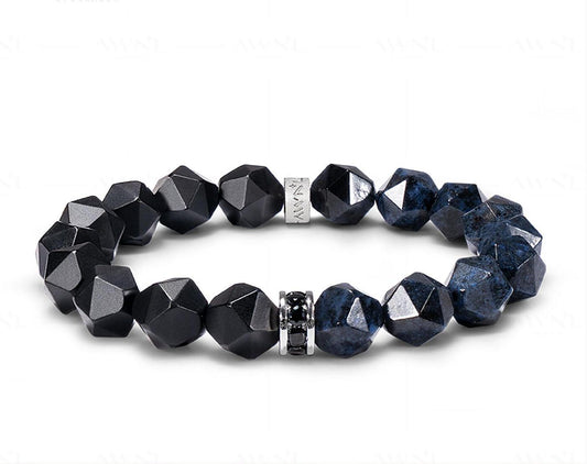 Black beaded bracelet with a silver clasp on a white background