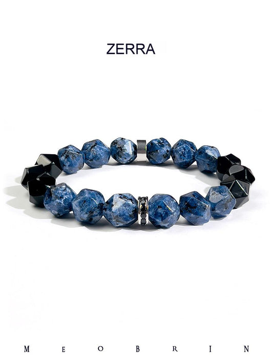 Blue beaded bracelet with black accents on a white background, featuring the brand 'Zerra'.