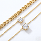 Macro, layered necklaces in 45° diagonal parallel layout, even spacing, mirror-polished gold, bright clean lighting, sharp stone brilliance, white textured background, soft shadow, ultra-detailed.