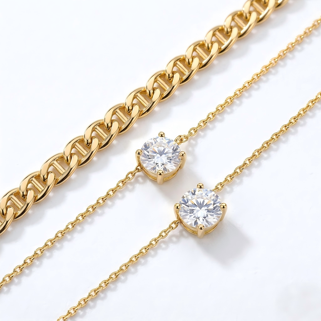 Macro, layered necklaces in 45° diagonal parallel layout, even spacing, mirror-polished gold, bright clean lighting, sharp stone brilliance, white textured background, soft shadow, ultra-detailed.