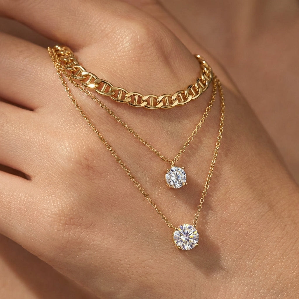Macro, necklace draped across female hand, natural curve, warm soft light, mirror metal shine, sharp sparkle, blurred skin background, detailed texture, intimate luxury feel.