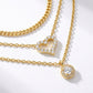 Macro, layered necklaces in 45° diagonal parallel layout, even spacing, mirror-polished gold, bright clean lighting, sharp stone brilliance, white textured background, soft shadow, ultra-detailed.