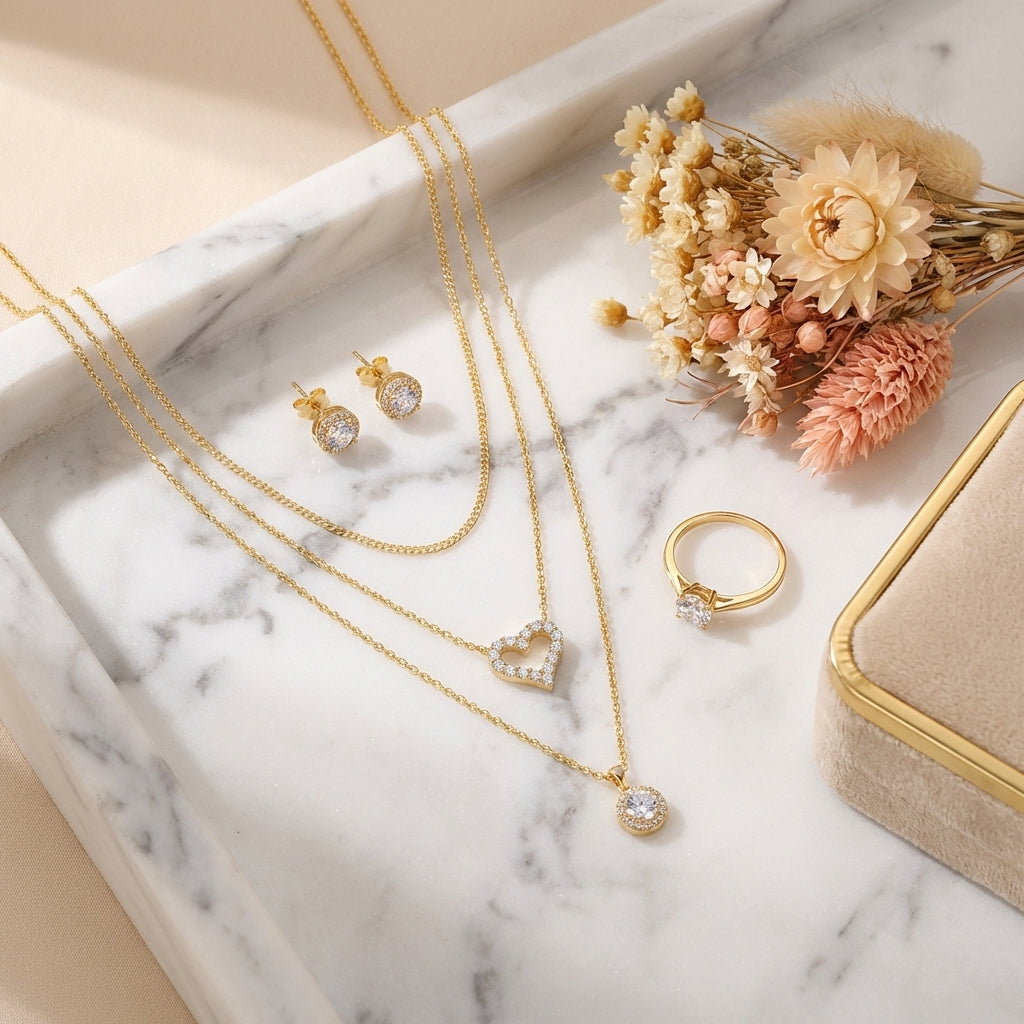 Top-down, necklaces on marble tray, styled with earrings, ring, dried flower, velvet box, warm soft tones, balanced composition, clean e-commerce aesthetic, high resolution.
