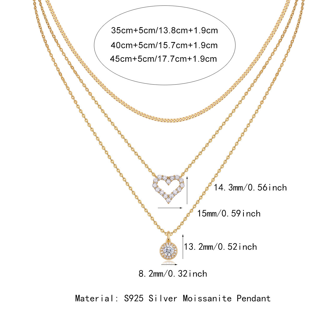 Clean white background — the round moissanite solitaire and heart pavé pendant, each on its own chain, layered elegantly on a bust form. The round solitaire catches bright light with classic brilliant sparkle, while the pavé heart glitters with micro-stone fire.