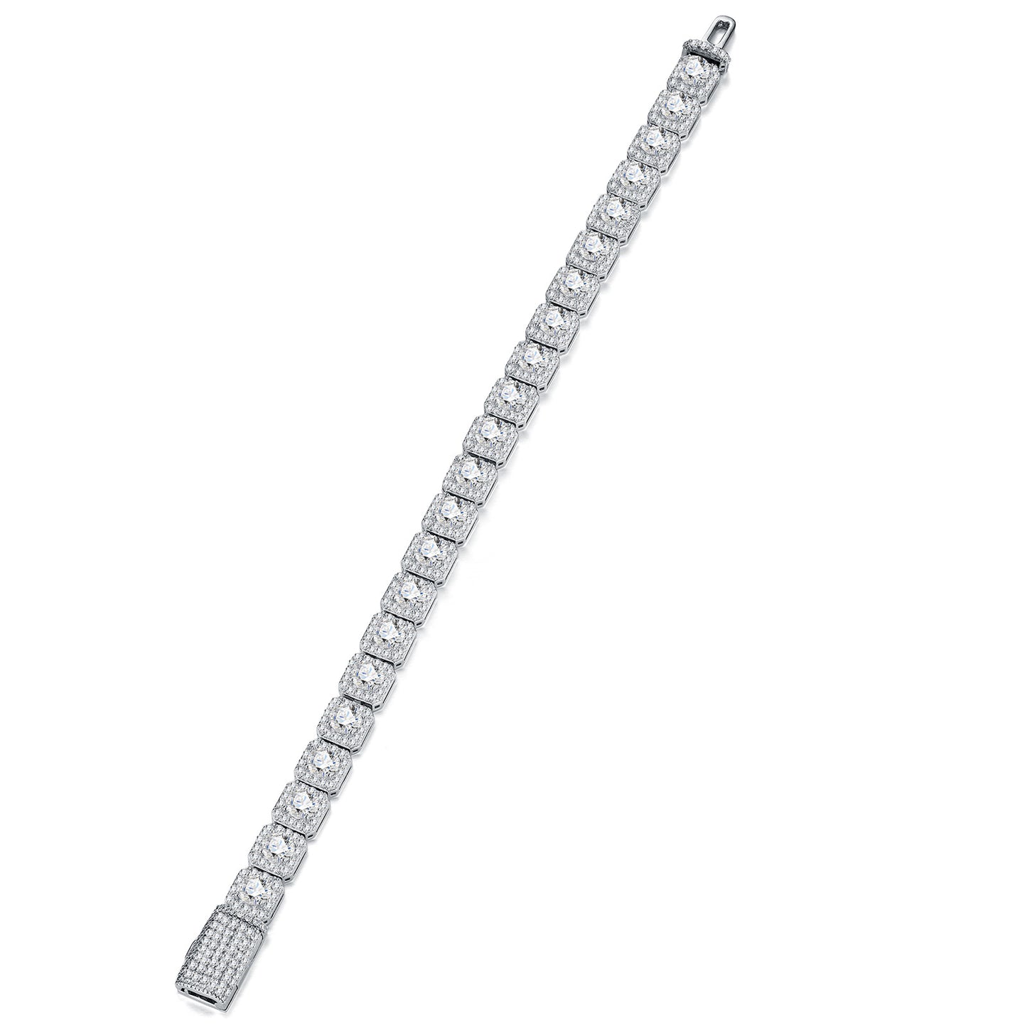 S925 moissanite clustered halo tennis bracelet by ZERRA featuring sparkling gemstone clusters and a sleek silver chain.