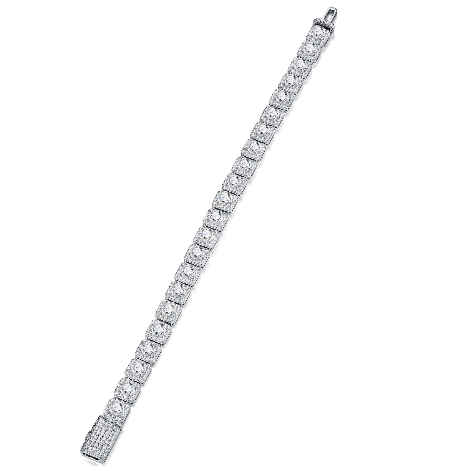 S925 moissanite clustered halo tennis bracelet by ZERRA featuring sparkling gemstone clusters and a sleek silver chain.