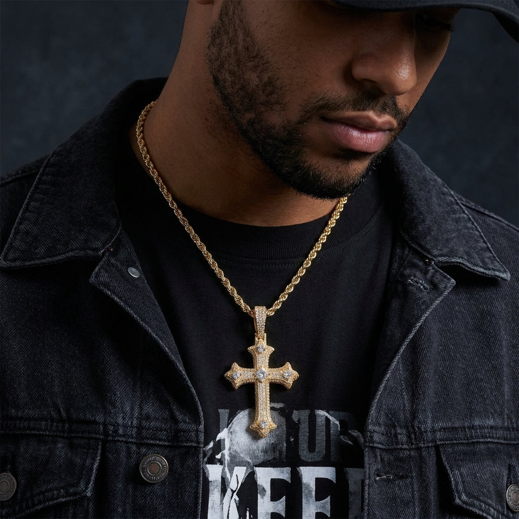Man wearing a gold cross necklace with a dark background