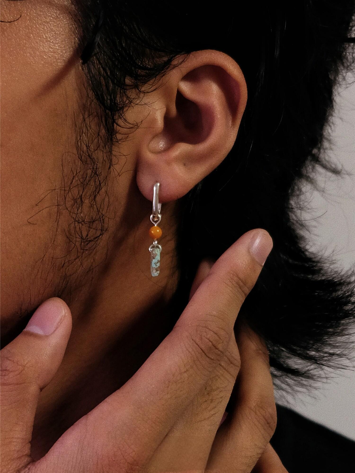“Unisex amber and turquoise ear cuffs styled on model – vintage ethnic look”