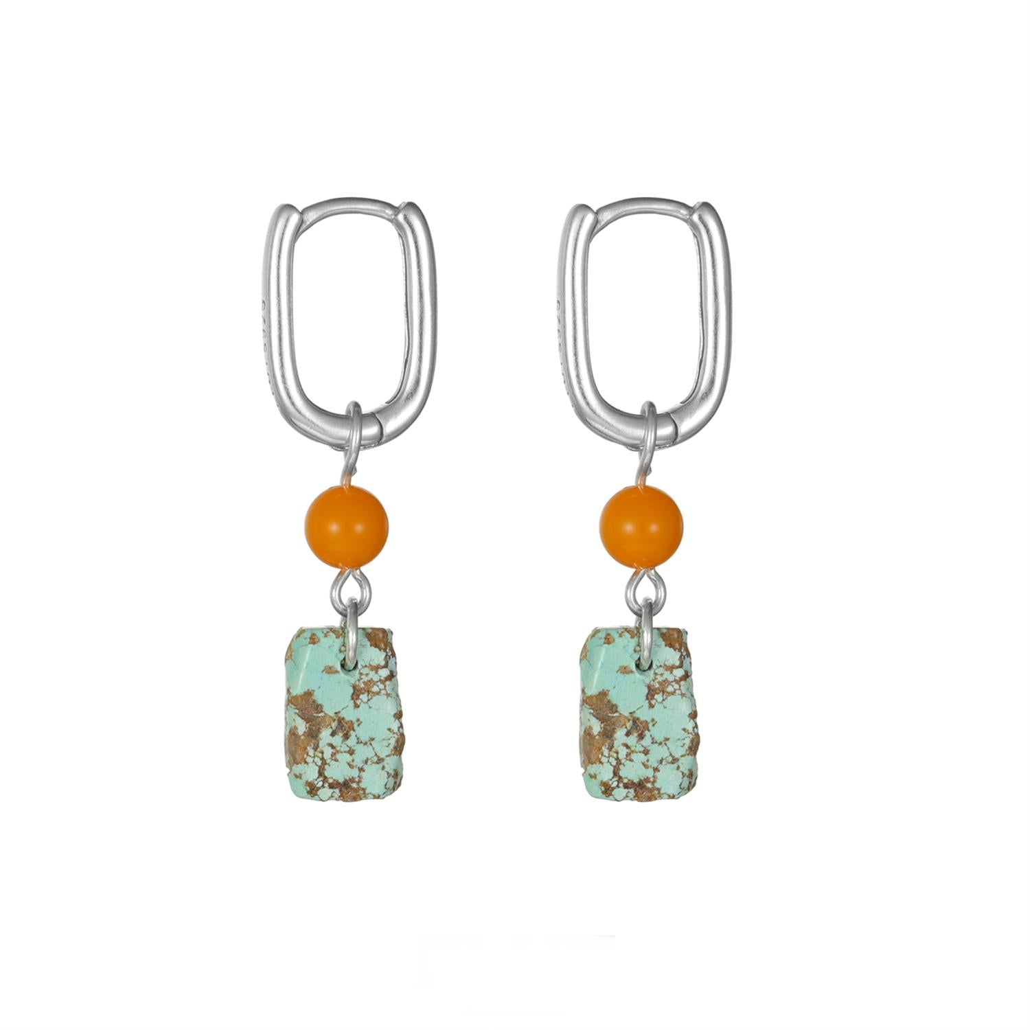 “S925 silver amber and turquoise earrings – New Chinese style flat lay”