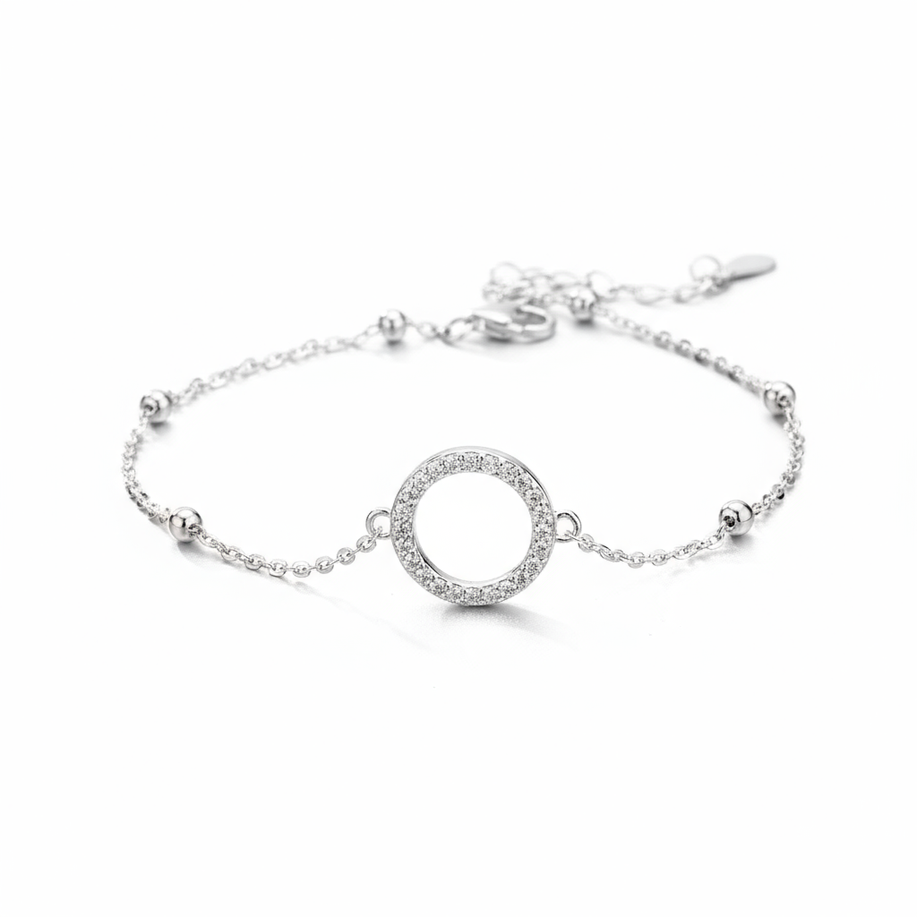 S925 Sterling Silver Beaded Bracelet with Zircon Accents