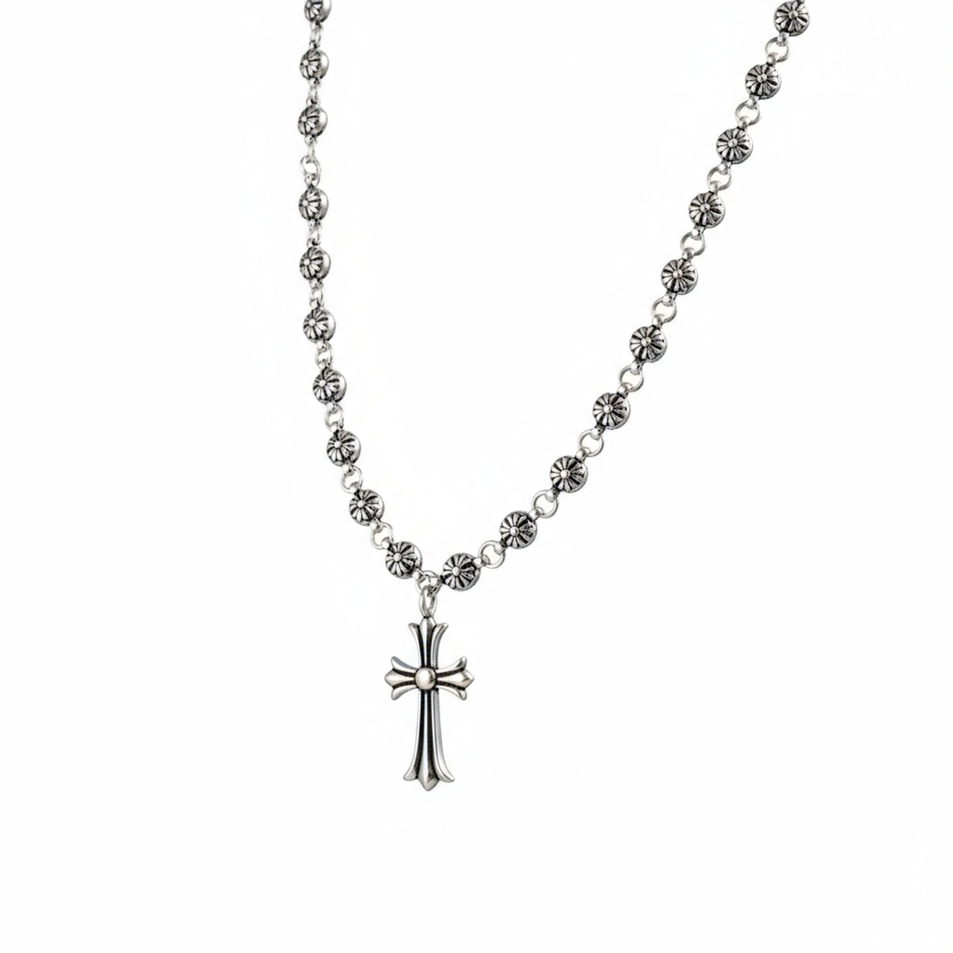 Silver rosary necklace with a cross pendant on a white background