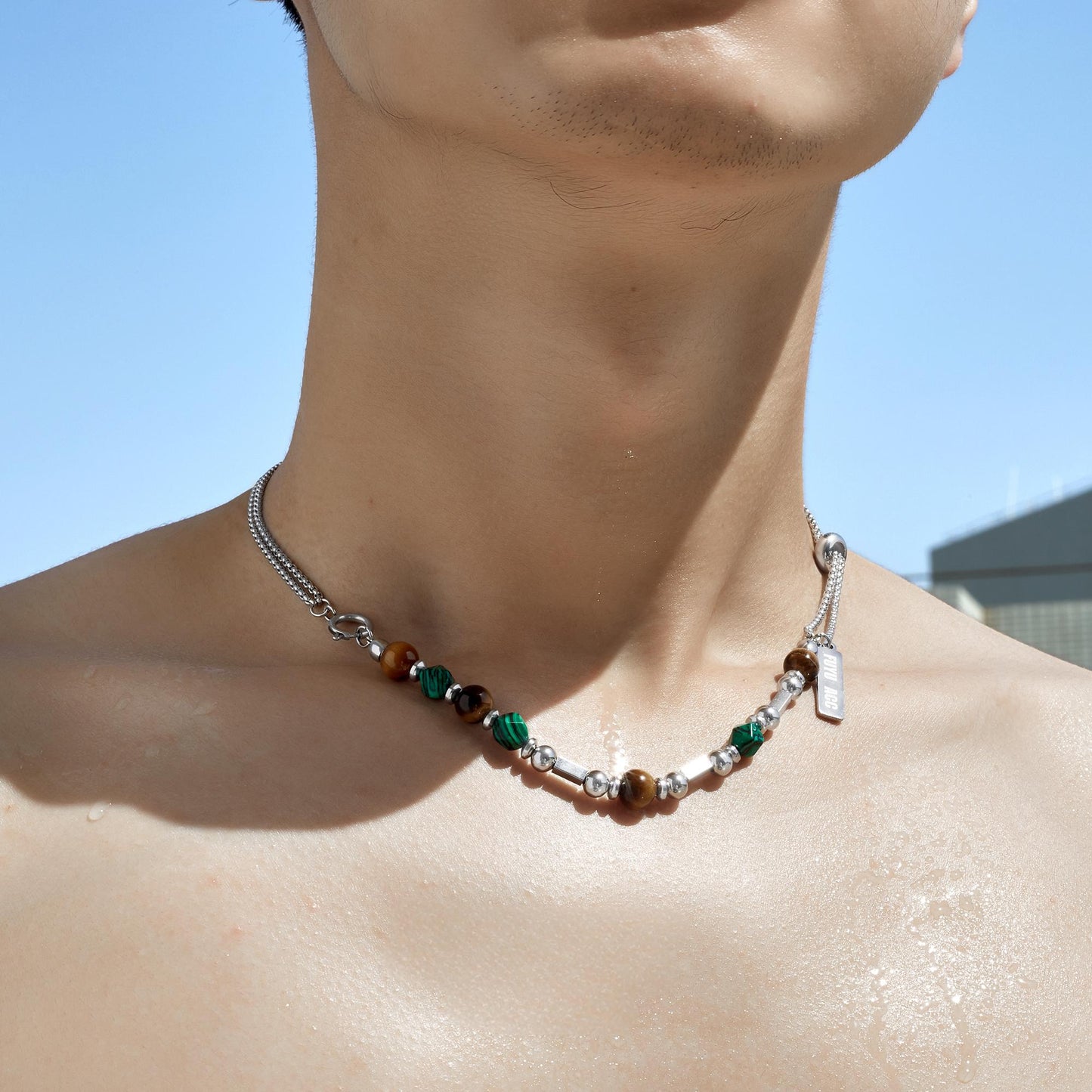 “S925 sterling silver beaded necklace flat lay modern oriental design”