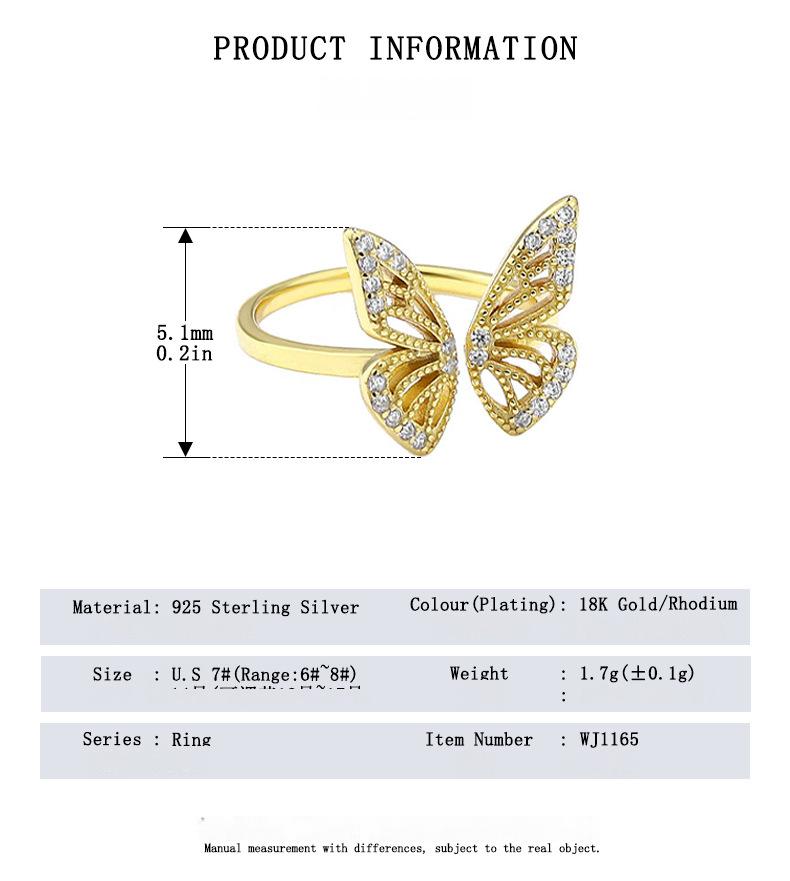 S925 Sterling Silver Butterfly Ring Gold butterfly ring with product information on a white background