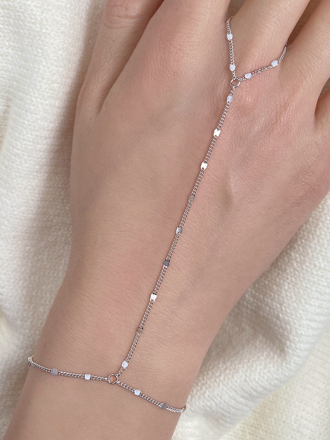 Woman Wearing Boho Silver Ring Bracelet at Beach