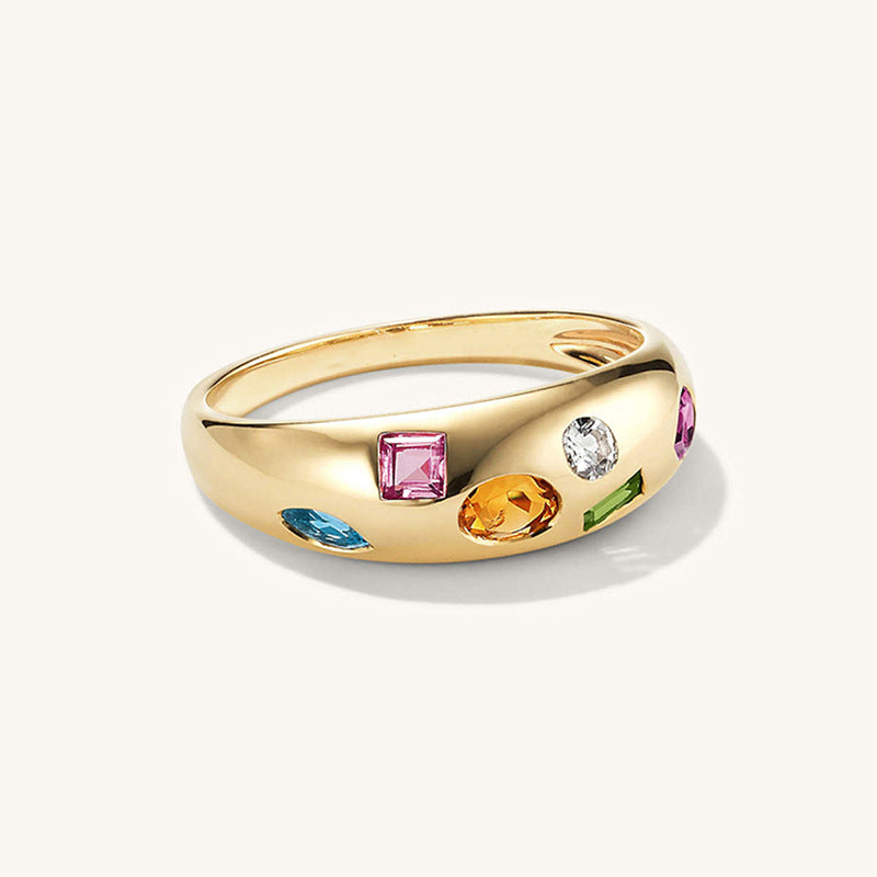 “Flat lay of S925 sterling silver colorful zircon ring with multicolor stones for women”