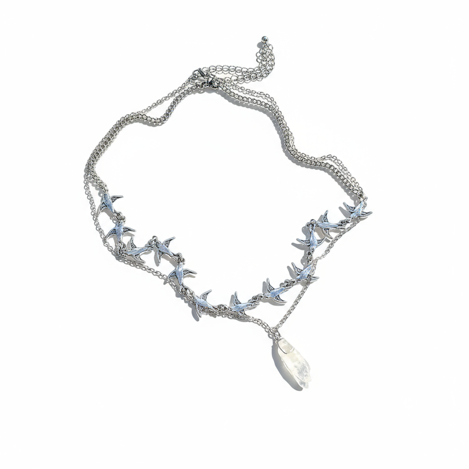 "Sterling silver double-layer bird pendant necklace minimalist streetwear"