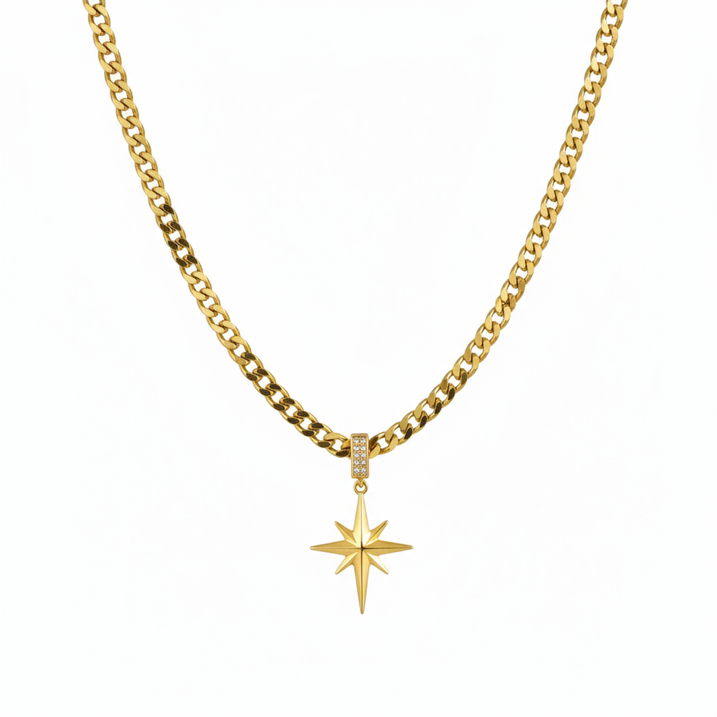 Gold necklace with a star-shaped pendant on a white background