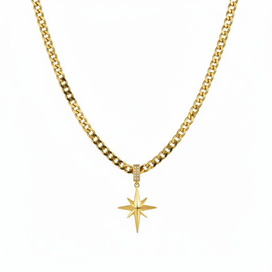 Gold necklace with a star-shaped pendant on a white background