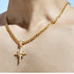 “Male model wearing sterling silver eight point star necklace streetwear style”