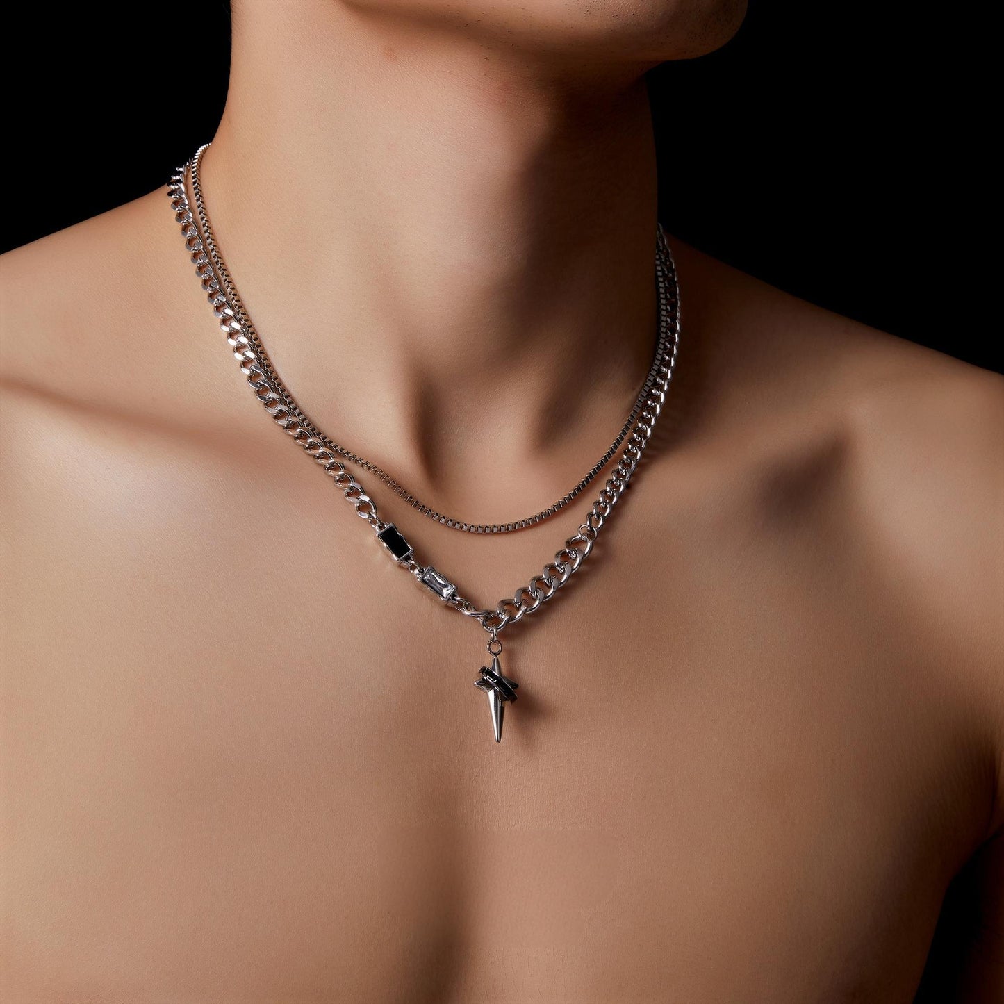 S925 Sterling Silver Four-Point Star Layered Necklace for Men