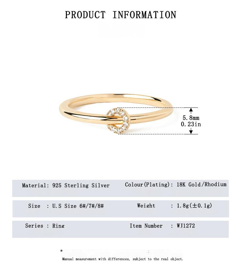 S925 Sterling Silver Full Pavé Circle RingGold ring with diamond measurement details on a white background