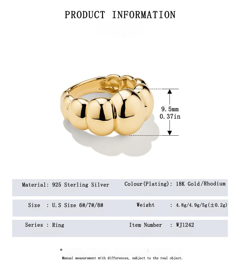Gold ring with product information on a white background