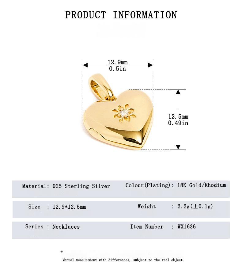 Gold heart-shaped pendant with measurements and product information on a white background