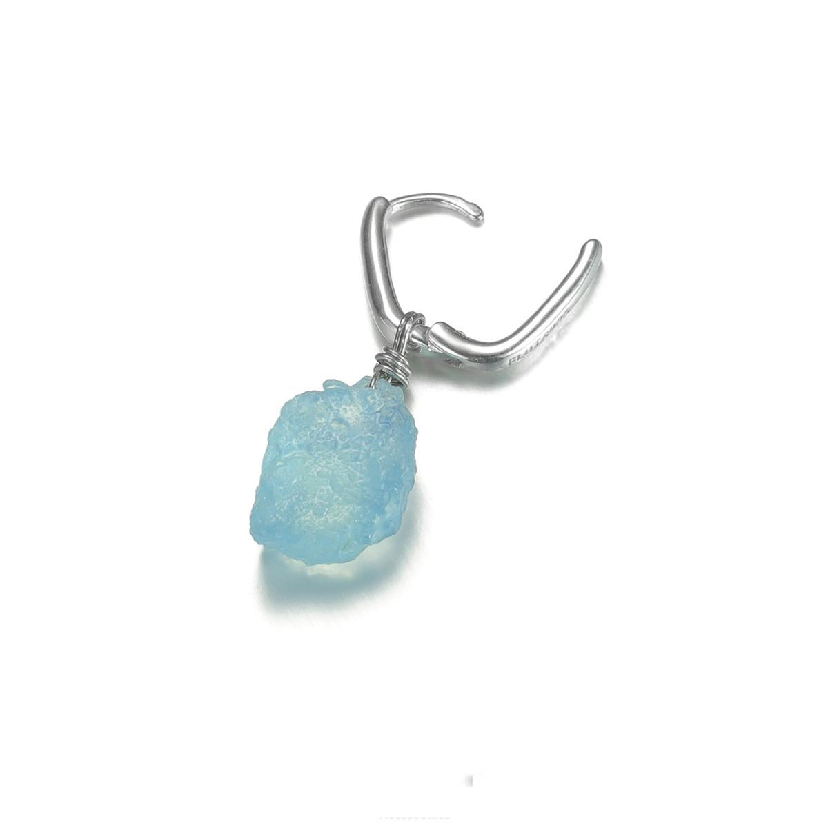 “Close-up of irregular-cut aquamarine crystal set in sterling silver”