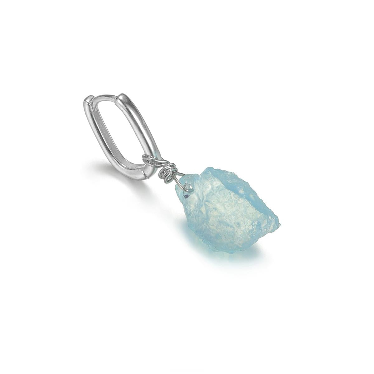 “Close-up of irregular-cut aquamarine crystal set in sterling silver”