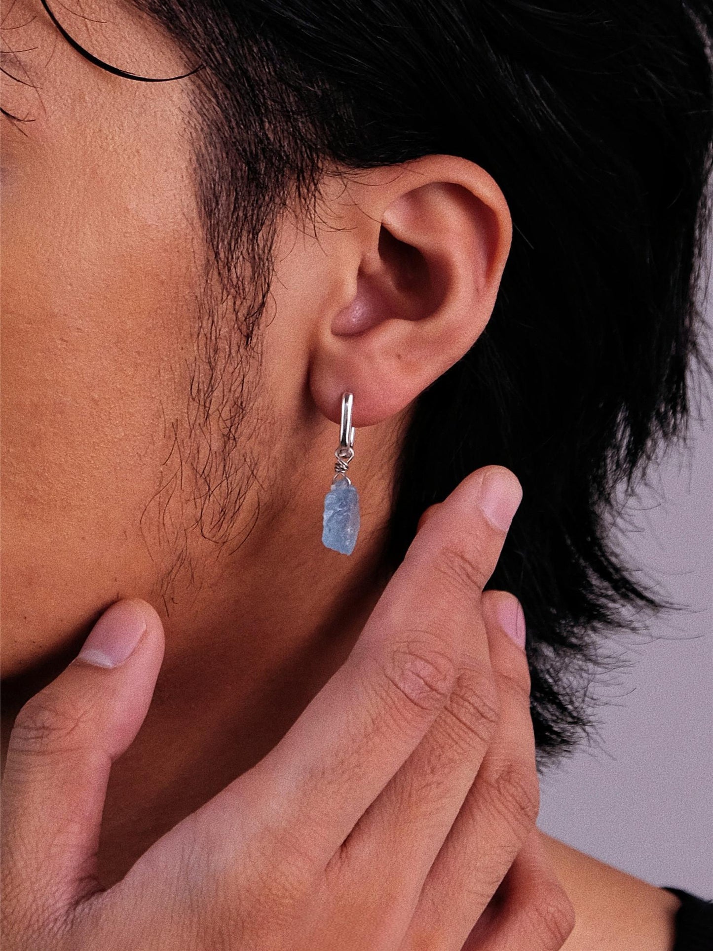 “Unisex aquamarine drop earrings styled on model – modern minimalist look”