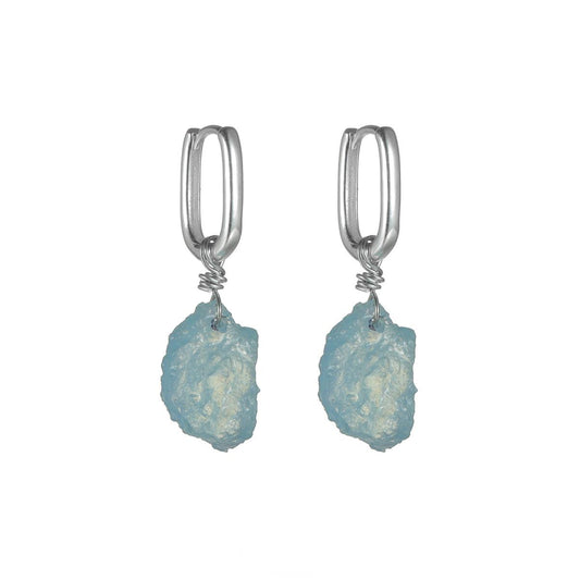 “Irregular aquamarine crystal earrings in S925 silver – flat lay display”