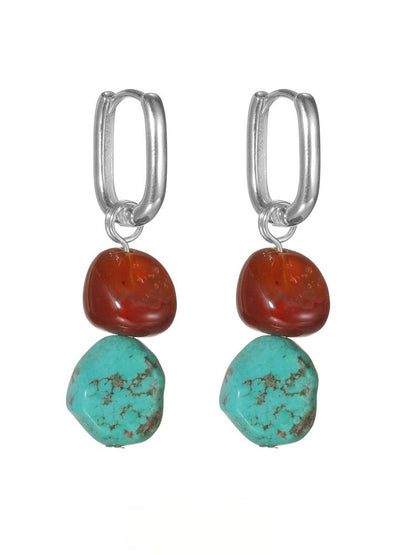 “Irregular red agate and turquoise earrings in S925 silver – flat lay display”