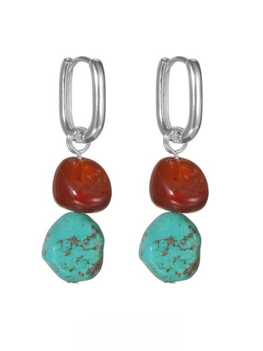 “Irregular red agate and turquoise earrings in S925 silver – flat lay display”