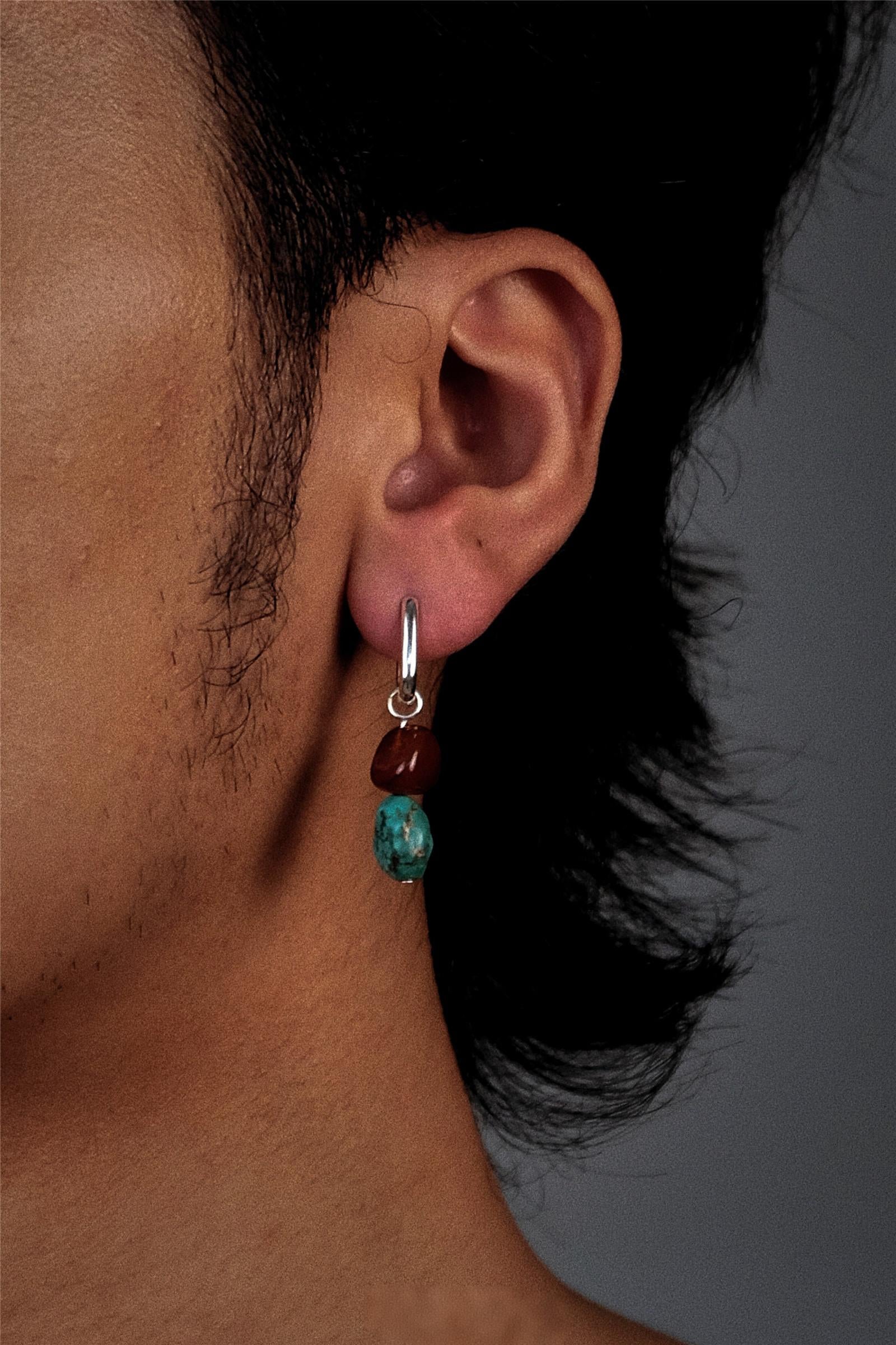 “Unisex red agate and turquoise earrings worn by model – bold ethnic elegance”
