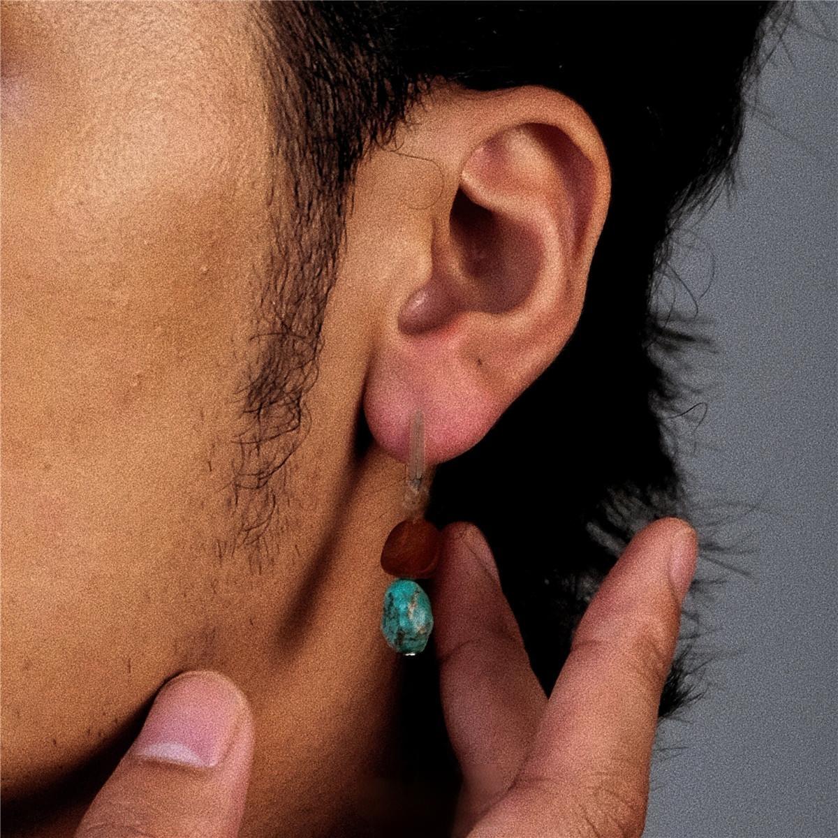 “Unisex red agate and turquoise earrings worn by model – bold ethnic elegance”