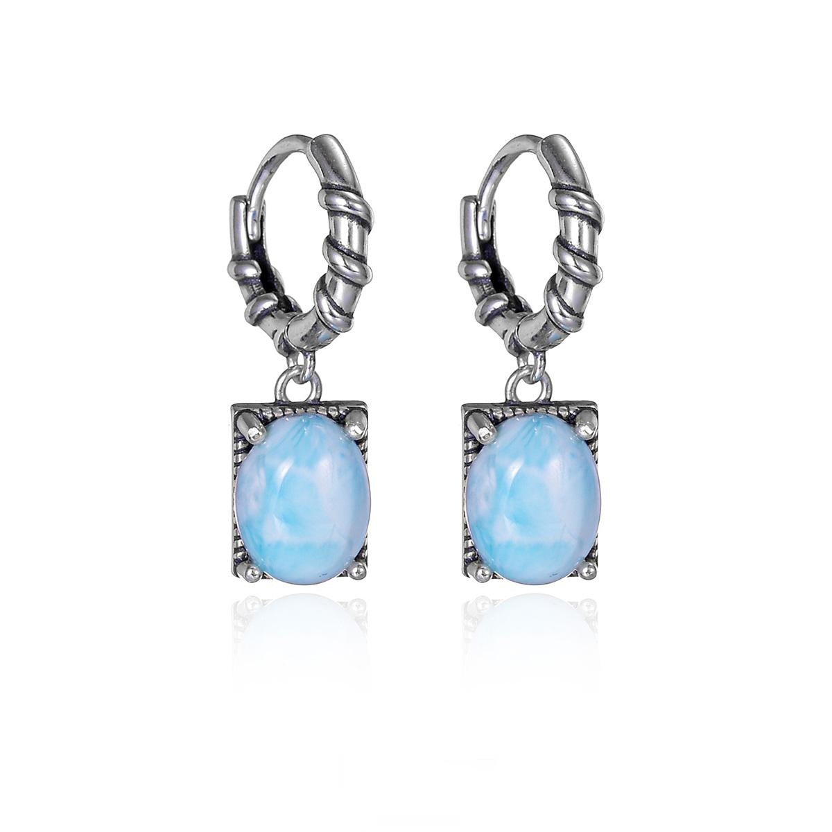 “S925 sterling silver Larimar drop earrings flat lay | unisex hip-hop jewelry”