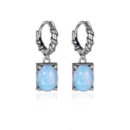 “S925 sterling silver Larimar drop earrings flat lay | unisex hip-hop jewelry”
