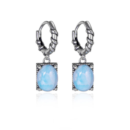 “S925 sterling silver Larimar drop earrings flat lay | unisex hip-hop jewelry”