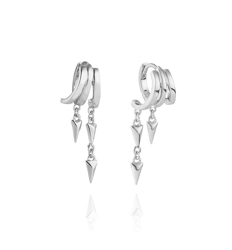 S925 Sterling Silver Lynx Stacked Triple Hoop Huggie Illusion EarringsSilver hoop earrings with triangle-shaped dangling charms on a white background