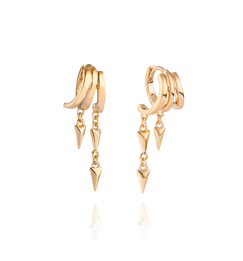 Gold S925 Sterling Silver Lynx Stacked Triple Hoop Huggie Illusion Earrings with pyramid-shaped drops on a white background